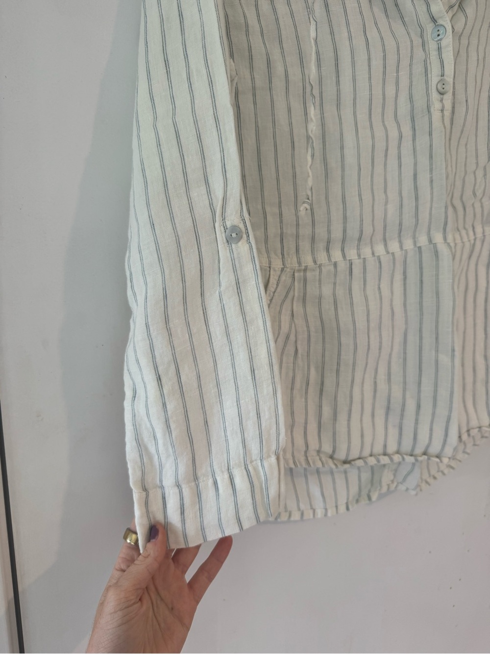 100% Linen Striped Hoodie Tunic Top - Cream with Light Blue Stripes - Picture 4 of 6